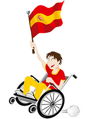 Image showing Spain Sport Fan Supporter on Wheelchair with Flag