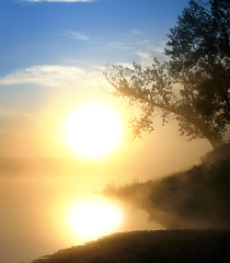 Image showing beautiful fog sunrise on river