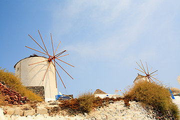 Image showing Windmills in Santorini Greece