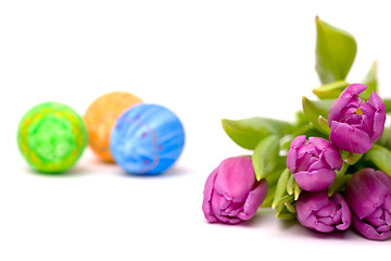 Image showing Spring symbols: tulips and Easter eggs