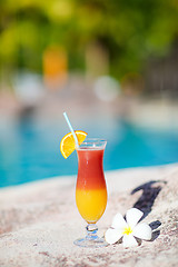 Image showing Tropical cocktail and frangipani flower