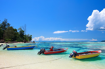 Image showing Colorful boats at sea shore