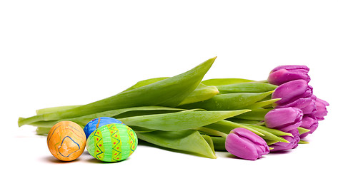 Image showing Spring symbols: tulips and Easter eggs