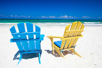 Image showing Colorful chairs on beach