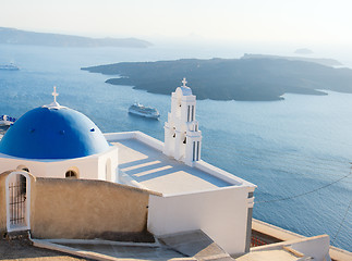 Image showing Blue domed church in Santorini