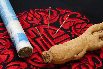 Image showing Acupuncture needles, Moxibustion and Ginseng