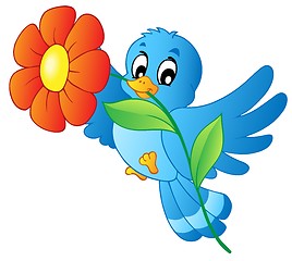 Image showing Blue bird carrying flower