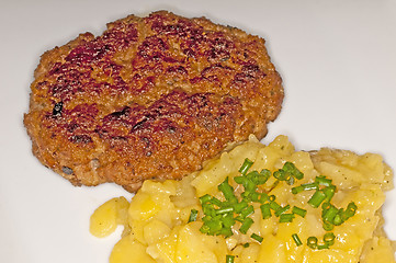 Image showing Hamburger with potato salad