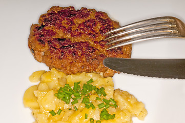 Image showing Hamburger with potato salad