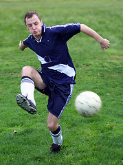 Image showing Soccer player hitting a ball