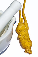 Image showing ginseng root and mortar