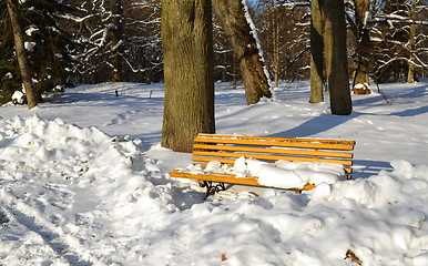 Image showing Yellow park bench covered with snow in winter 