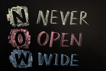 Image showing Acronym of NOW - Never Open Wide