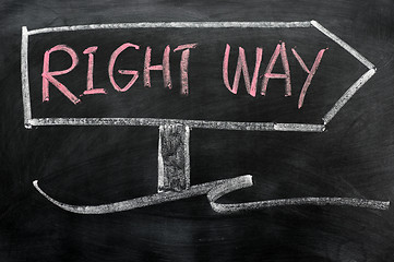 Image showing Signpost of right way drawn in chalk on a blackboard