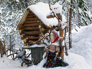 Image showing Decorative cabin in the woods. Baba Yaga fairy tale character