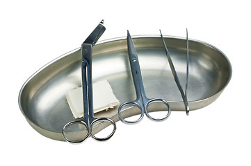 Image showing kidney dish with scissors,forceps and swaps