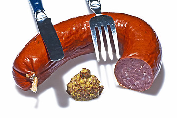 Image showing Kielbasa with french mustard