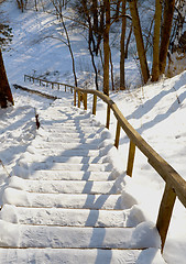 Image showing stairs handrail steep mountain covered snow winter 