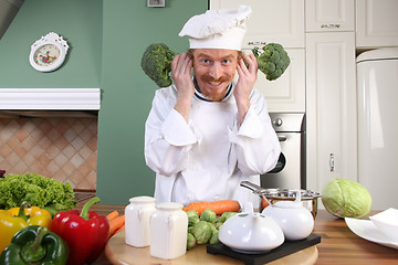 Image showing Funny young Chef with broccoli
