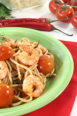 Image showing spaghetti with fresh shrimp