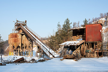 Image showing Gravel quarry, belt conveyors and silos in winter