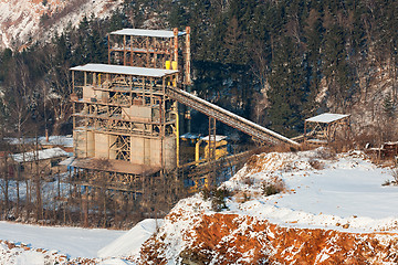 Image showing Stone quarry with silos, conveyor belts in winter