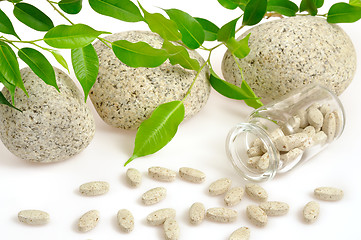Image showing Herbal supplement pills spilling out of bottle