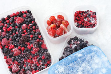 Image showing Plastic containers of frozen mixed berries in snow