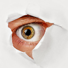 Image showing Eye looks through a hole in the paper - spy