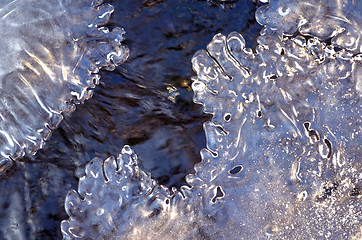 Image showing Forest stream frozen with ice closeup background 