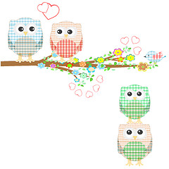 Image showing Set of nature elements: owls and birds on branches and tree