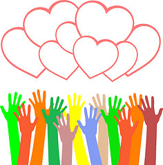 Image showing multicolored hands holding the heart. greetings card