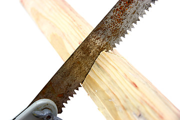 Image showing Hacksaw in sawed yellow wooden 