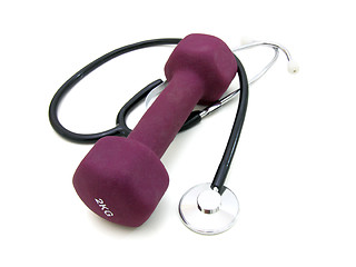 Image showing Stethoscope and dumbbell