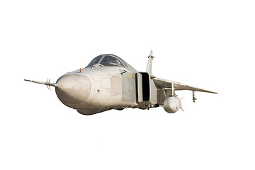 Image showing Military jet bomber Su-24 Fencer flying a white background.