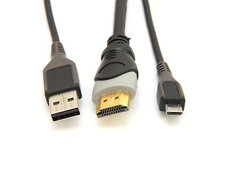 Image showing usb plug and large and small hdmi cable  