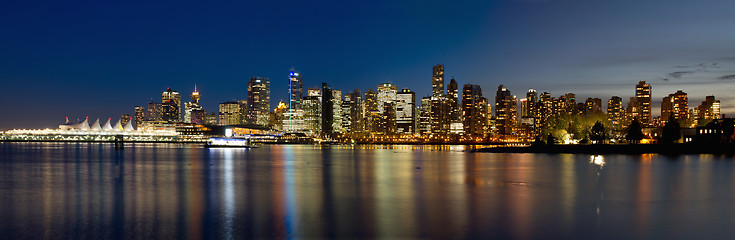 Image showing Vancouver BC Skyline from Stanley Park during Blue Hour