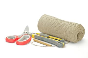 Image showing Pack thread, paper knife, pensil and scissors