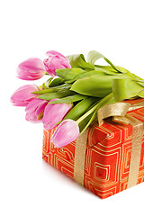 Image showing Pink tulips and gift box, it is isolated on white