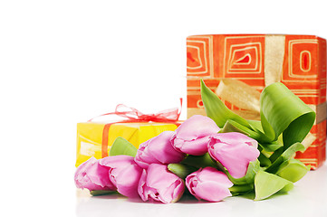 Image showing Pink tulips and gift box, it is isolated on white