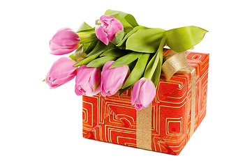 Image showing Pink tulips and gift box, it is isolated on white