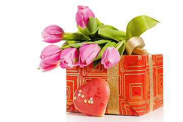 Image showing Pink tulips and gift box, it is isolated on white