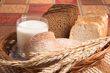 Image showing   Bread, rolls and a glass of milk