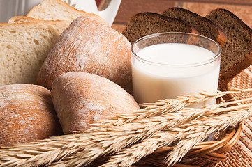 Image showing   Bread, rolls and a glass of milk