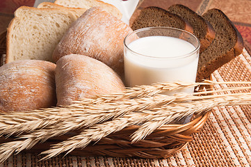 Image showing   Bread, rolls and a glass of milk