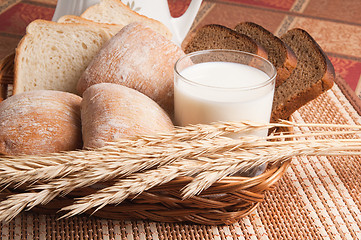 Image showing   Bread, rolls and a glass of milk