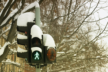 Image showing Traffic light under snow