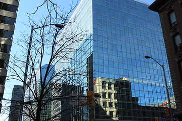 Image showing Tower crane reflected on a building on Queen St. 