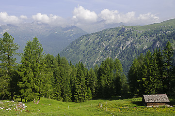 Image showing Wooden cabin in the Italian Dolomites