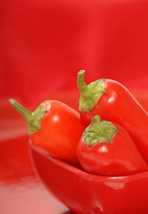 Image showing Red chili peppers in a red bowl